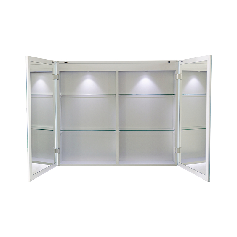 Armadietto da bagno intelligente con specchio da bagno a doppia anta LED (con interruttore a scorrimento manuale antiappannamento) Armadietto da bagno intelligente con specchio da bagno a doppia anta LED (con interruttore a scorrimento manuale antiappannamento)